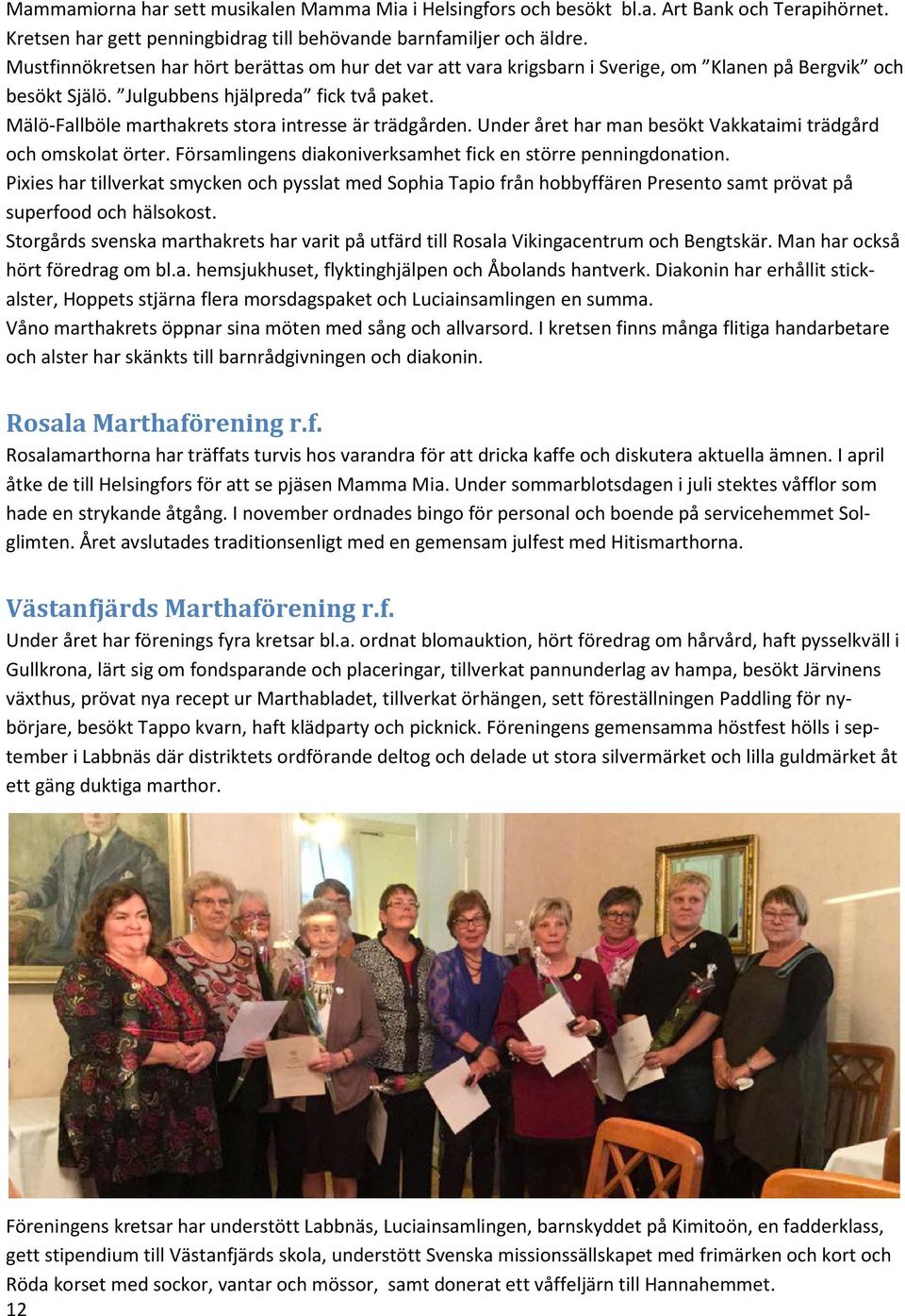 Mälö-Fallböle marthakrets stora intresse är trädgården. Under året har man besökt Vakkataimi trädgård och omskolat örter. Församlingens diakoniverksamhet fick en större penningdonation.