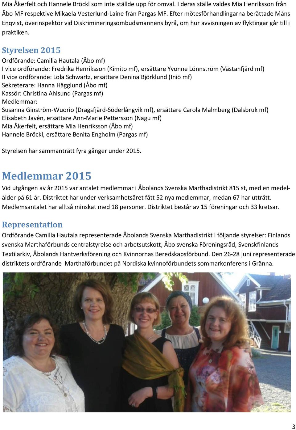 Styrelsen 2015 Ordförande: Camilla Hautala (Åbo mf) I vice ordförande: Fredrika Henriksson (Kimito mf), ersättare Yvonne Lönnström (Västanfjärd mf) II vice ordförande: Lola Schwartz, ersättare Denina
