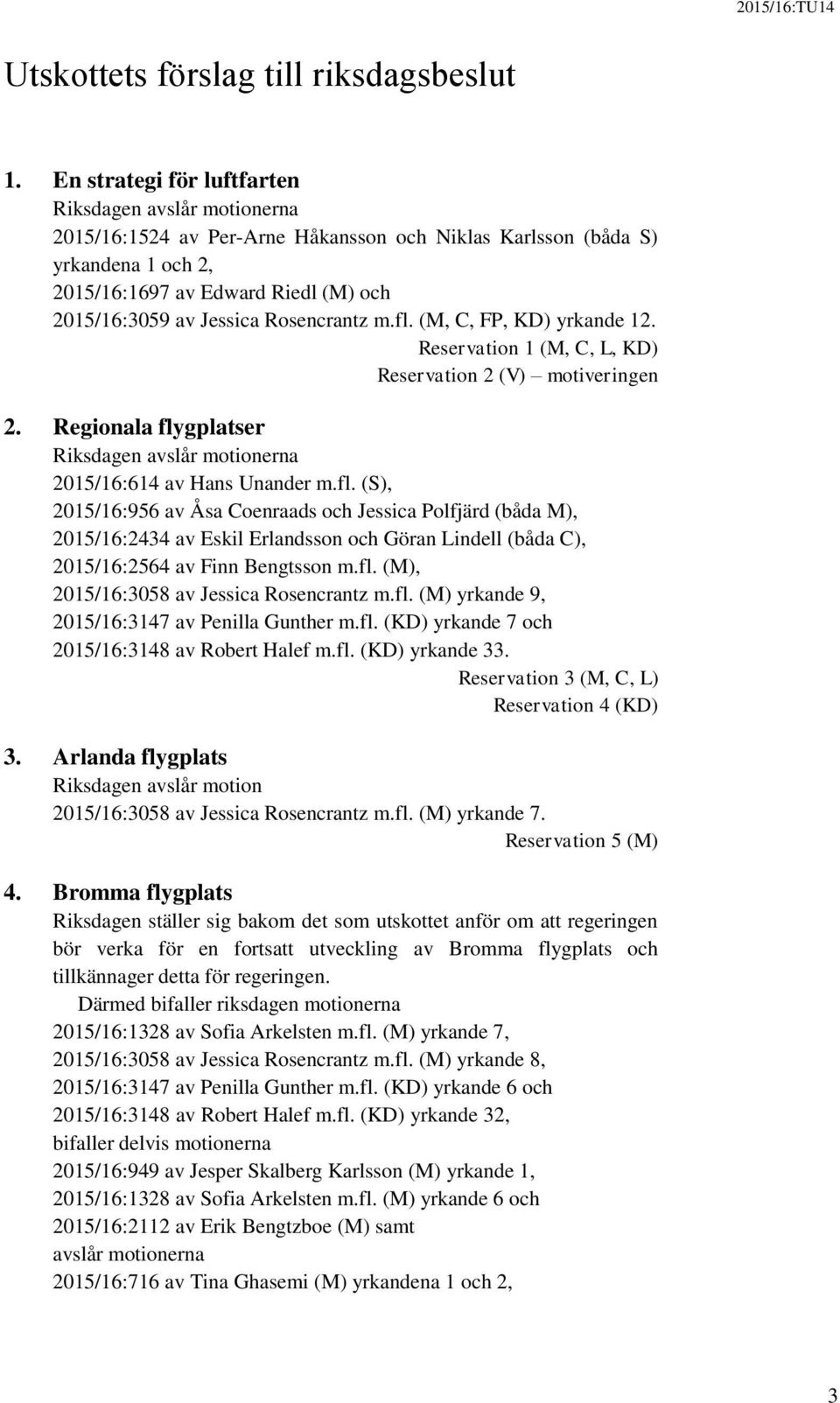 Rosencrantz m.fl. (M, C, FP, KD) yrkande 12. Reservation 1 (M, C, L, KD) Reservation 2 (V) motiveringen 2. Regionala flygplatser Riksdagen avslår motionerna 2015/16:614 av Hans Unander m.fl. (S), 2015/16:956 av Åsa Coenraads och Jessica Polfjärd (båda M), 2015/16:2434 av Eskil Erlandsson och Göran Lindell (båda C), 2015/16:2564 av Finn Bengtsson m.