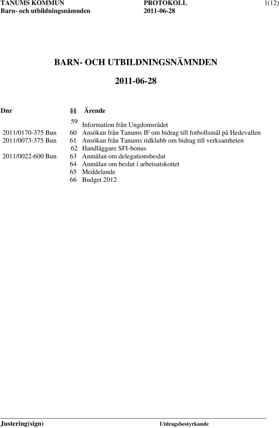 2011/0073-375 Bun 61 Ansökan från Tanums ridklubb om bidrag till verksamheten 62 Handläggare SFI-bonus