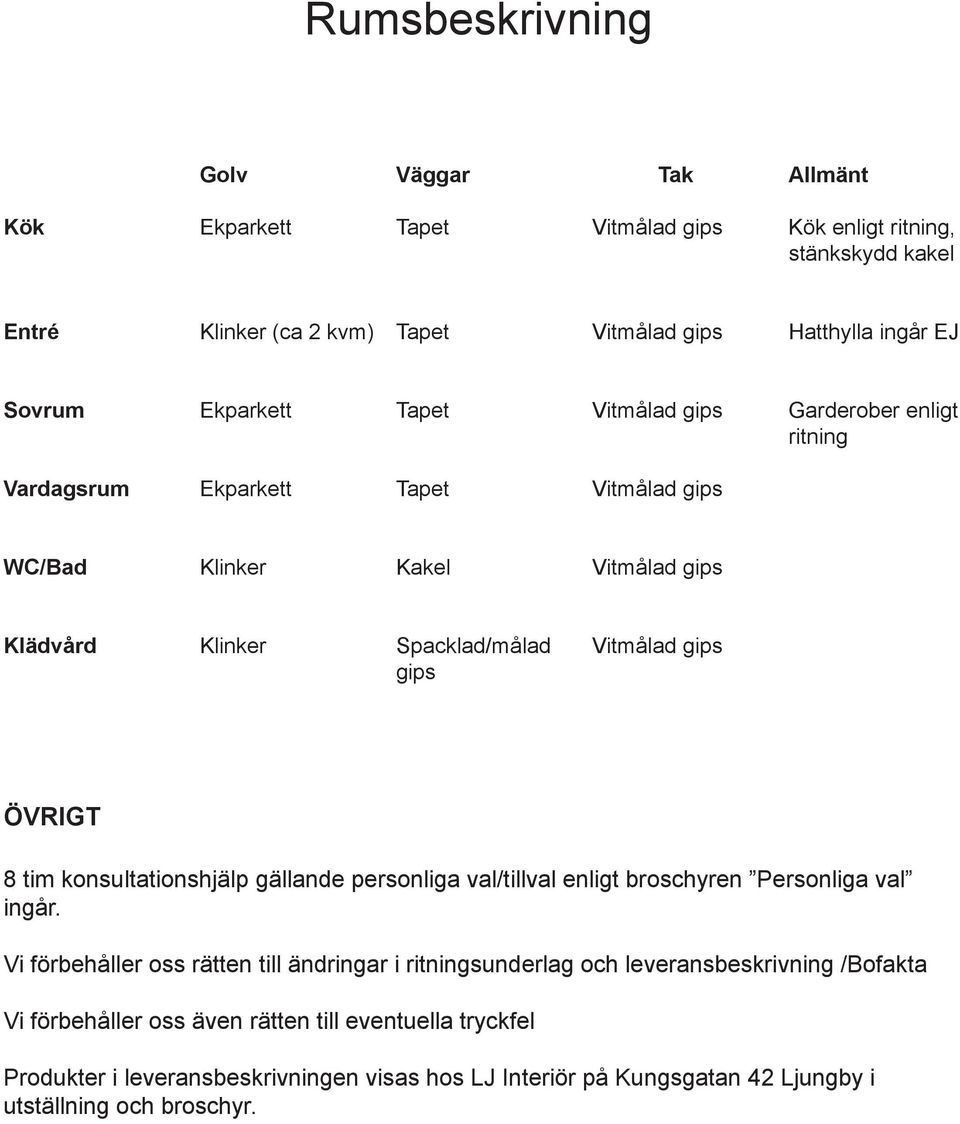 gips ÖVRIGT 8 tim konsultationshjälp gällande personliga val/tillval enligt broschyren Personliga val ingår.