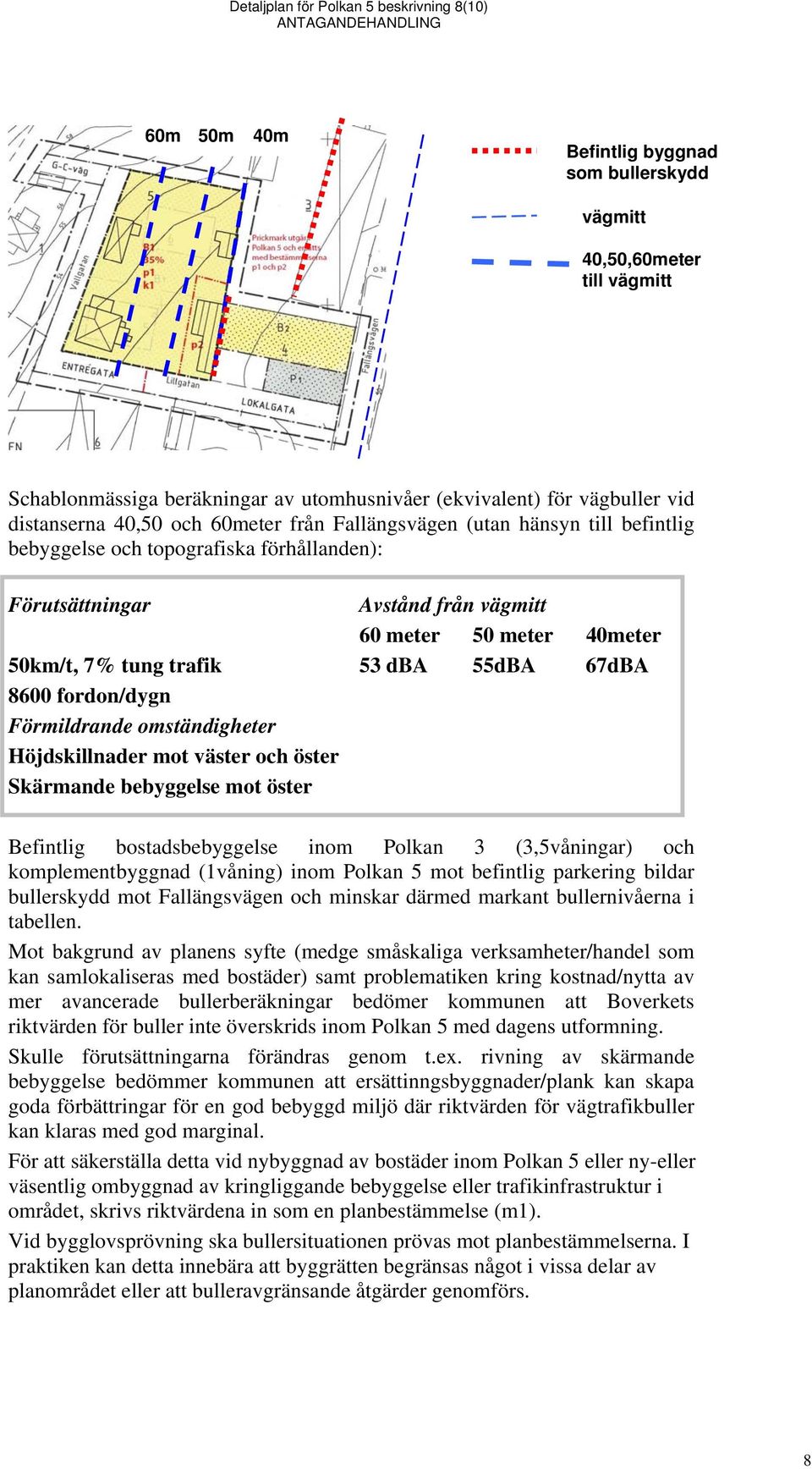 trafik 53 dba 55dBA 67dBA 8600 fordon/dygn Förmildrande omständigheter Höjdskillnader mot väster och öster Skärmande bebyggelse mot öster Befintlig bostadsbebyggelse inom Polkan 3 (3,5våningar) och