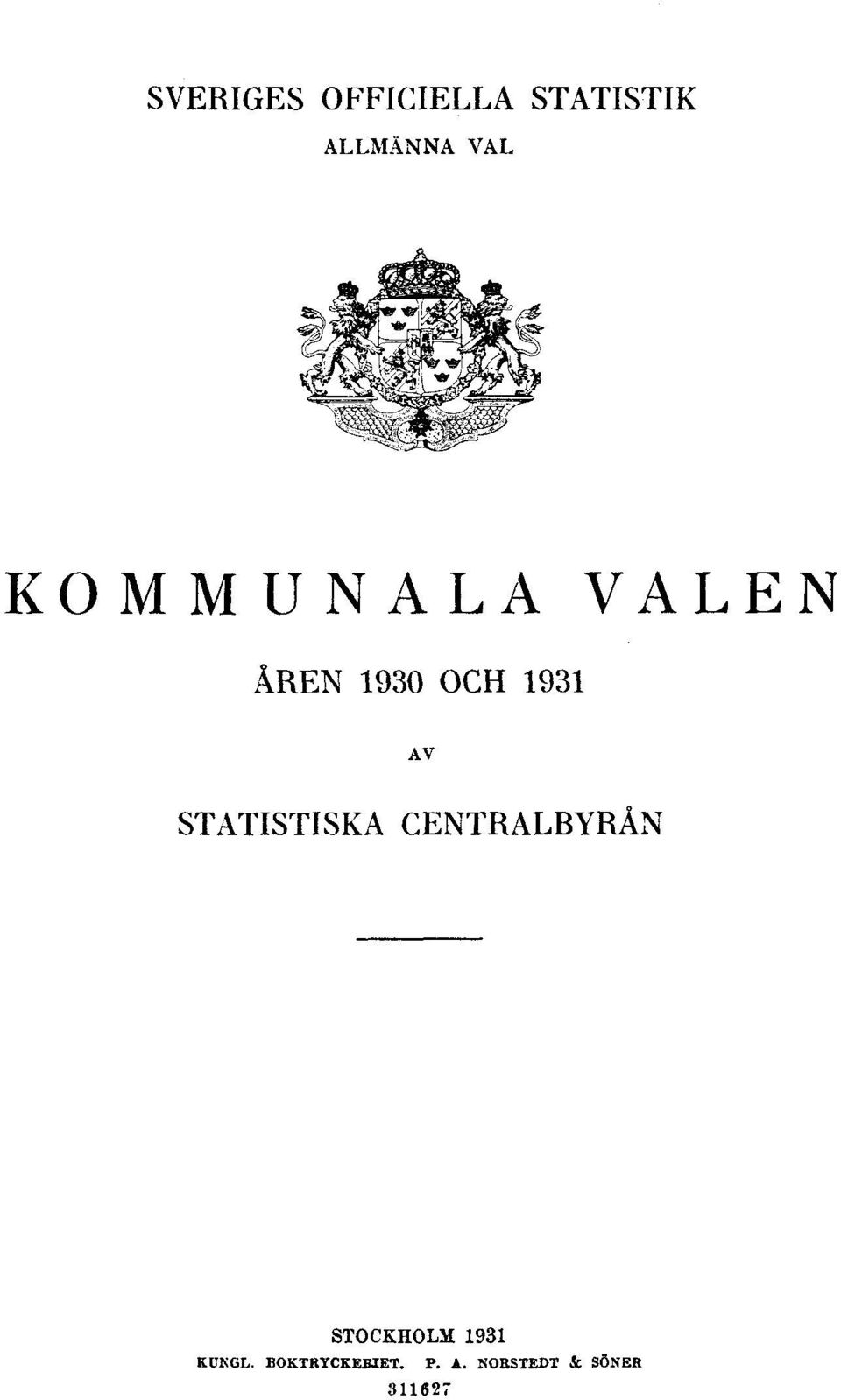 STATISTISKA CENTRALBYRÅN STOCKHOLM 1931