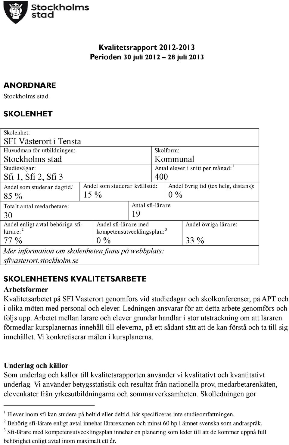 Antal sfi-lärare 19 Andel sfi-lärare med kompetensutvecklingsplan: 3 0 % Mer information om skolenheten finns på webbplats: sfivasterort.stockholm.