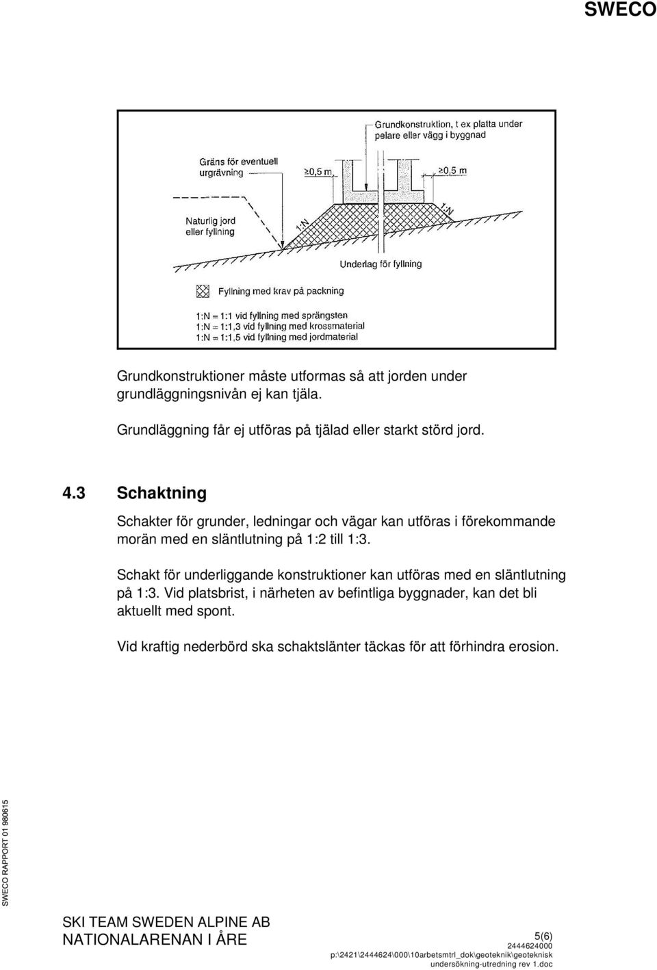 Schakt för underliggande konstruktioner kan utföras med en släntlutning på 1:3. Vid platsbrist, i närheten av befintliga byggnader, kan det bli aktuellt med spont.