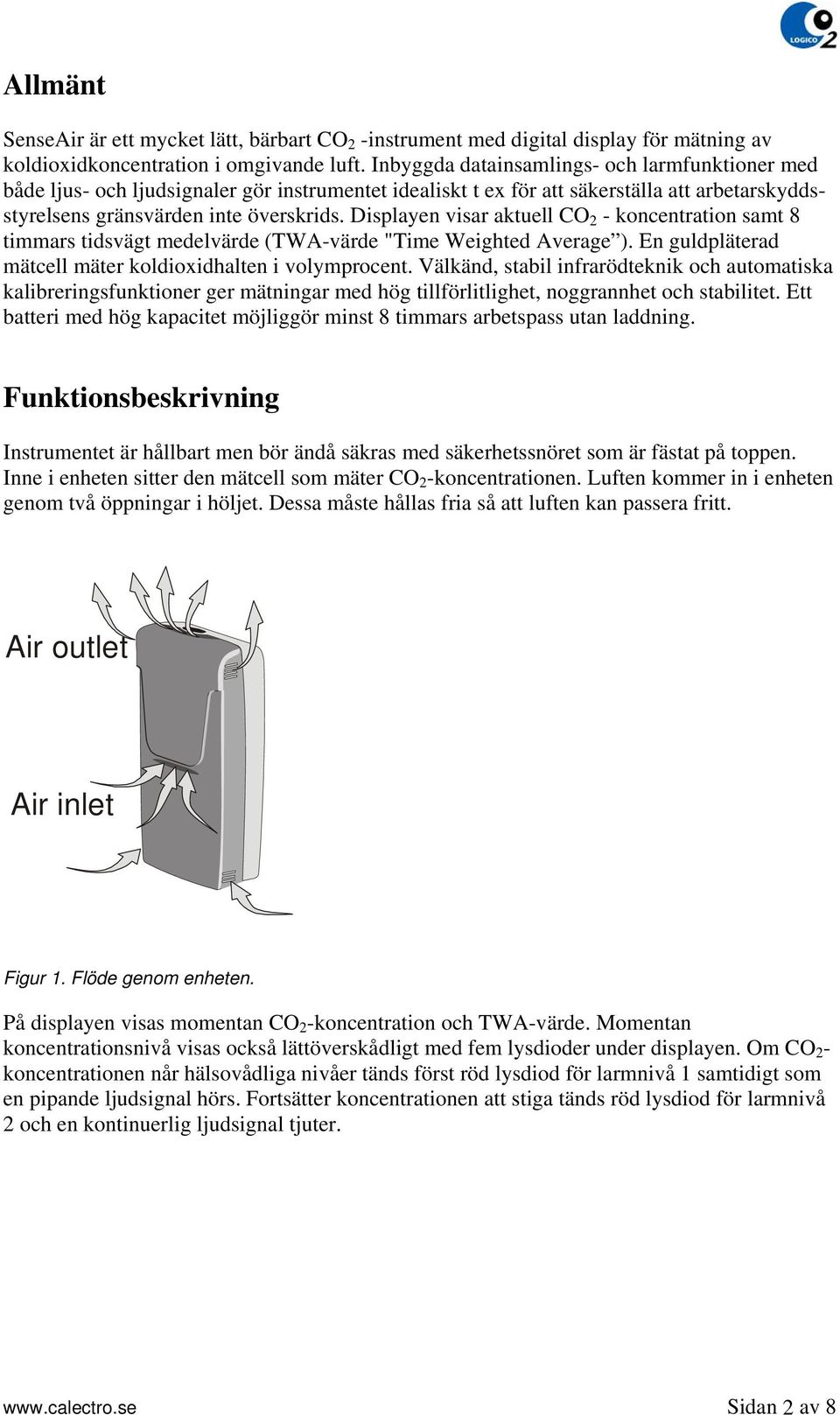 Displayen visar aktuell CO 2 - koncentration samt 8 timmars tidsvägt medelvärde (TWA-värde "Time Weighted Average ). En guldpläterad mätcell mäter koldioxidhalten i volymprocent.