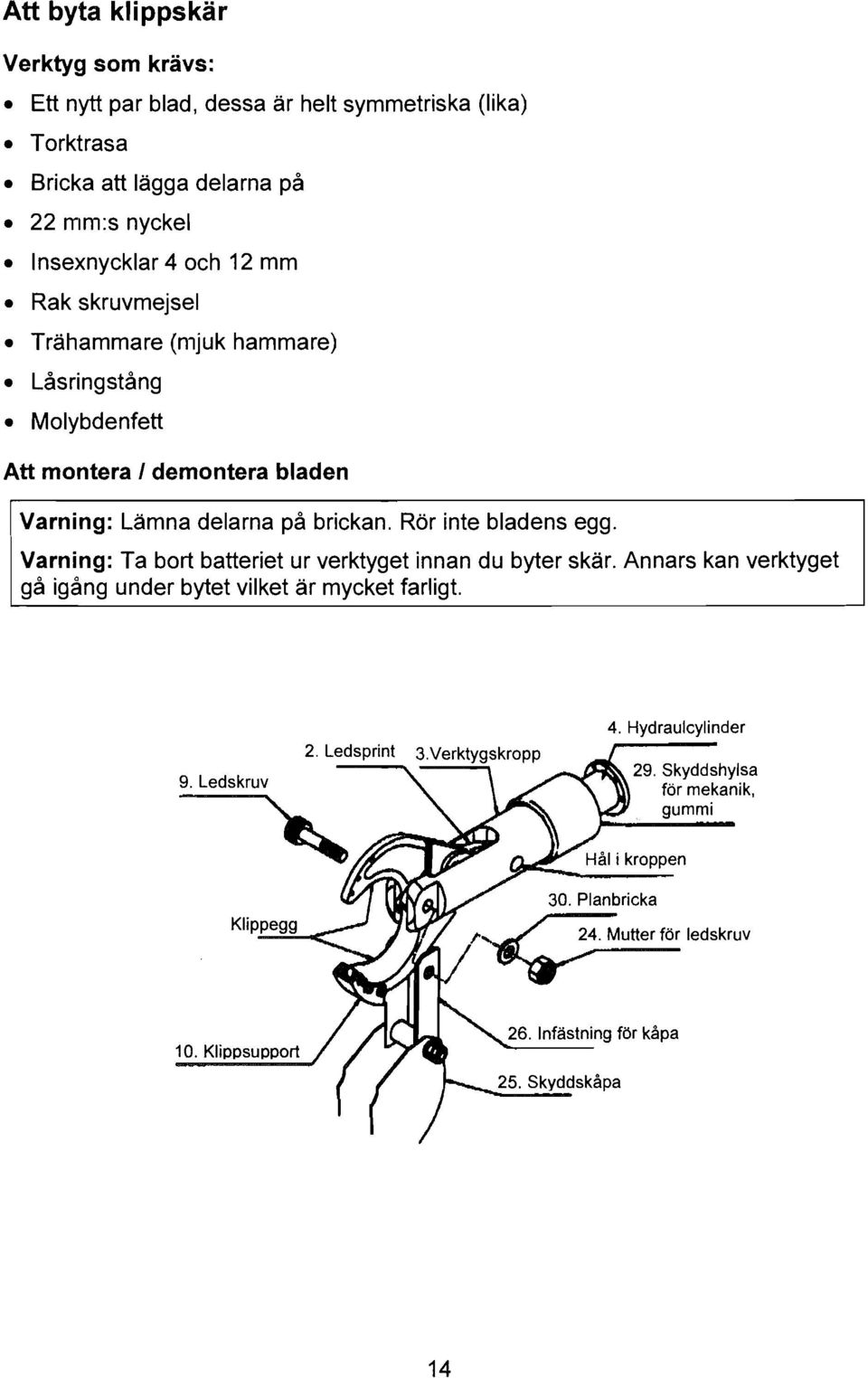 Varning: Lämna delarna på brickan. Rör inte bladens egg. Varning: Ta bort batteriet ur verktyget innan du byter skär.