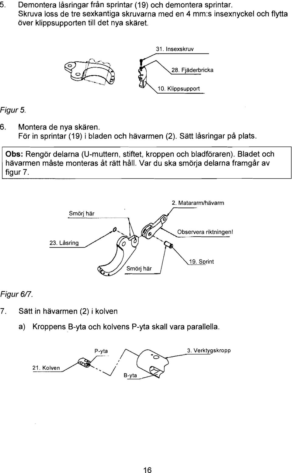 Klippsupport Figur 5. 6. Montera de nya skären. För in sprintar (19) i bladen och hävarmen (2). Satt Iåsringar på plats.