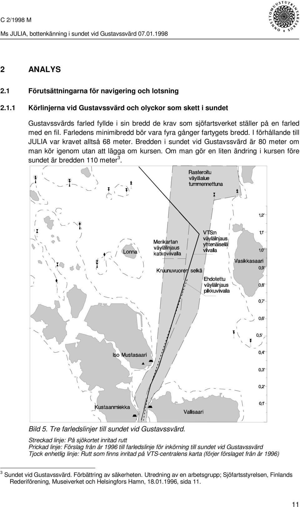 Bredden i sundet vid Gustavssvärd är 80 meter om man kör igenom utan att lägga om kursen. Om man gör en liten ändring i kursen före sundet är bredden 110 meter 3. Bild 5.