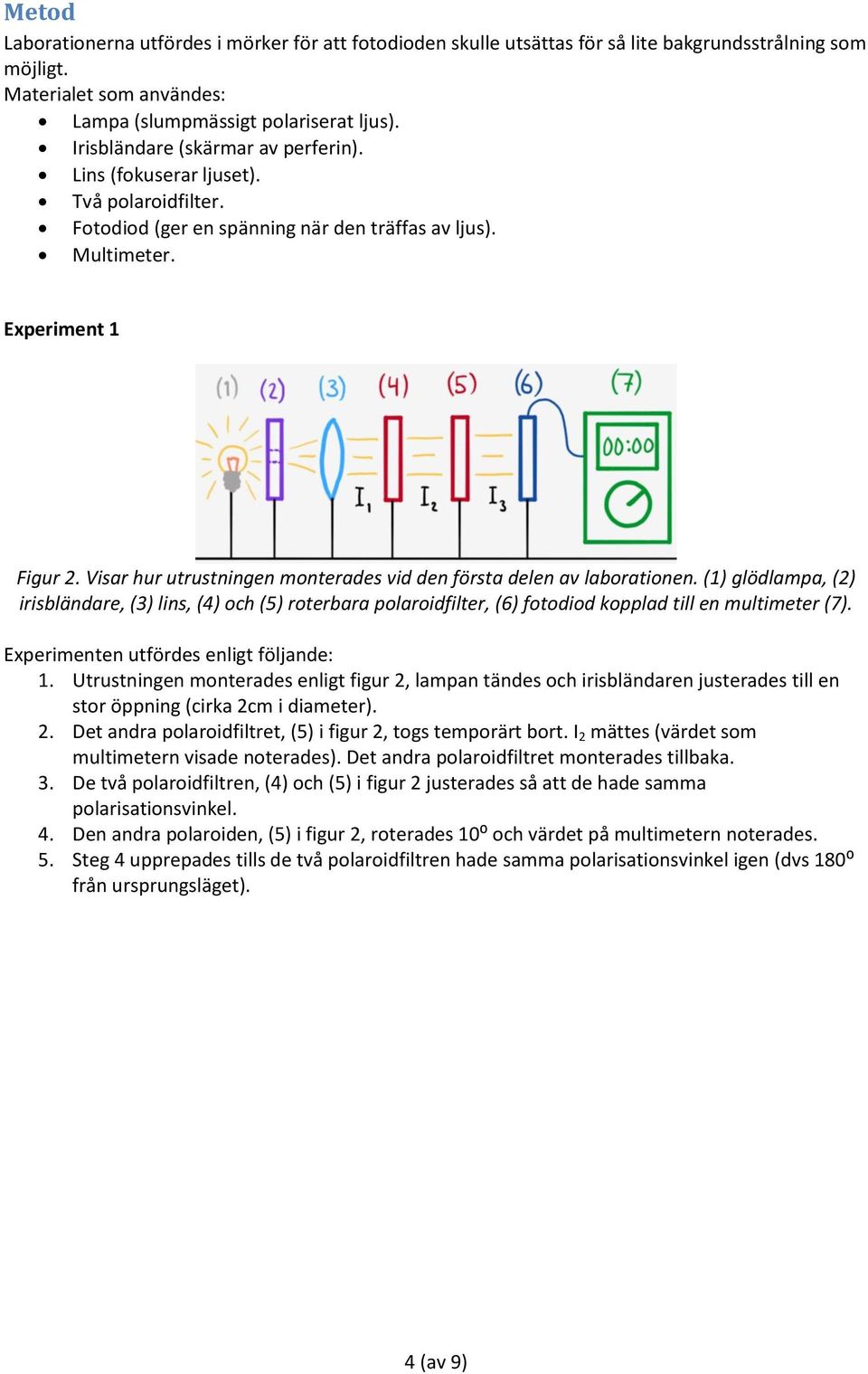 Visar hur utrustningen monterades vid den första delen av laborationen. (1) glödlampa, (2) irisbländare, (3) lins, (4) och (5) roterbara polaroidfilter, (6) fotodiod kopplad till en multimeter (7).