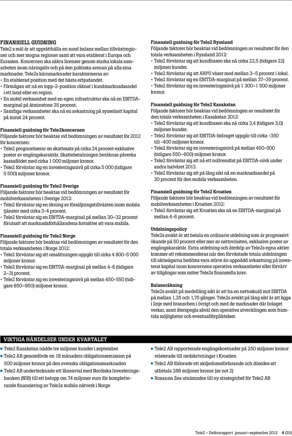 Tele2s kärnmarknader karakteriseras av: En etablerad position med det bästa erbjudandet. Förmågan att nå en topp-2-position räknat i kundmarknadsandel i ett land eller en region.