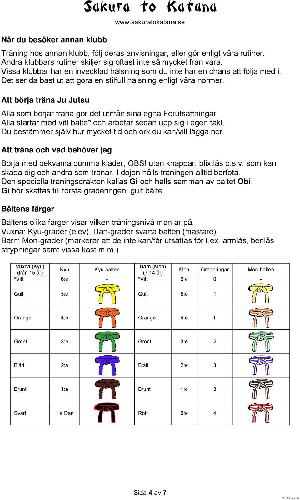 Att börja träna Ju Jutsu Alla som börjar träna gör det utifrån sina egna Förutsättningar. Alla startar med vitt bälte* och arbetar sedan upp sig i egen takt.