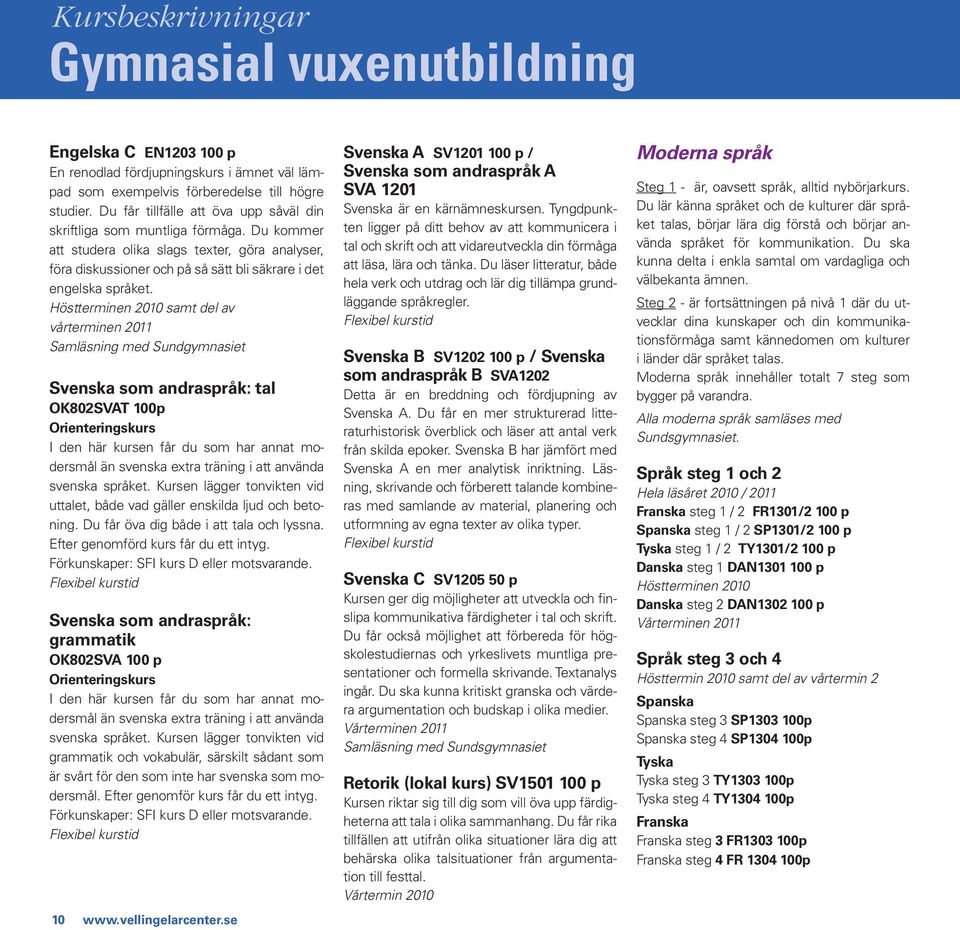 Höstterminen 2010 samt del av vårterminen 2011 Samläsning med Sundgymnasiet Svenska som andraspråk: tal OK802SVAT 100p Orienteringskurs I den här kursen får du som har annat modersmål än svenska