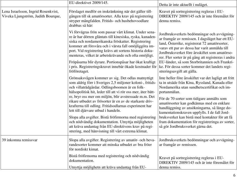 Under senare år har dörren gläntats till kinesiska, ryska, kanadensiska och nordamerikanska fröskatter. Registrering kommer att försvåra och i värsta fall omöjliggöra import.