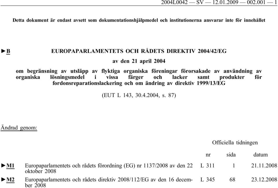 april 2004 om begränsning av utsläpp av flyktiga organiska föreningar förorsakade av användning av organiska lösningsmedel i vissa färger och lacker samt produkter för