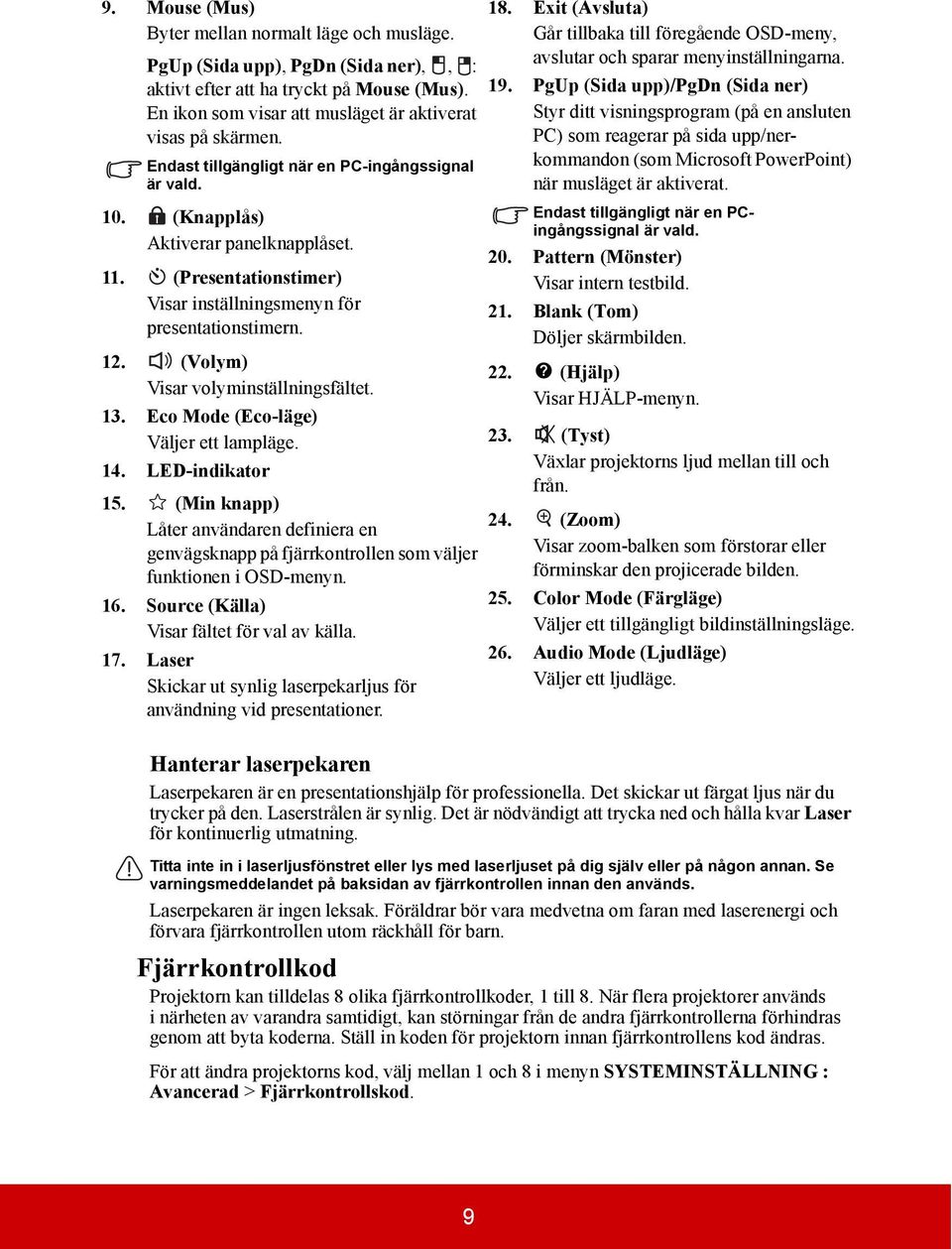 (Volym) Visar volyminställningsfältet. 13. Eco Mode (Eco-läge) Väljer ett lampläge. 14. LED-indikator 15.