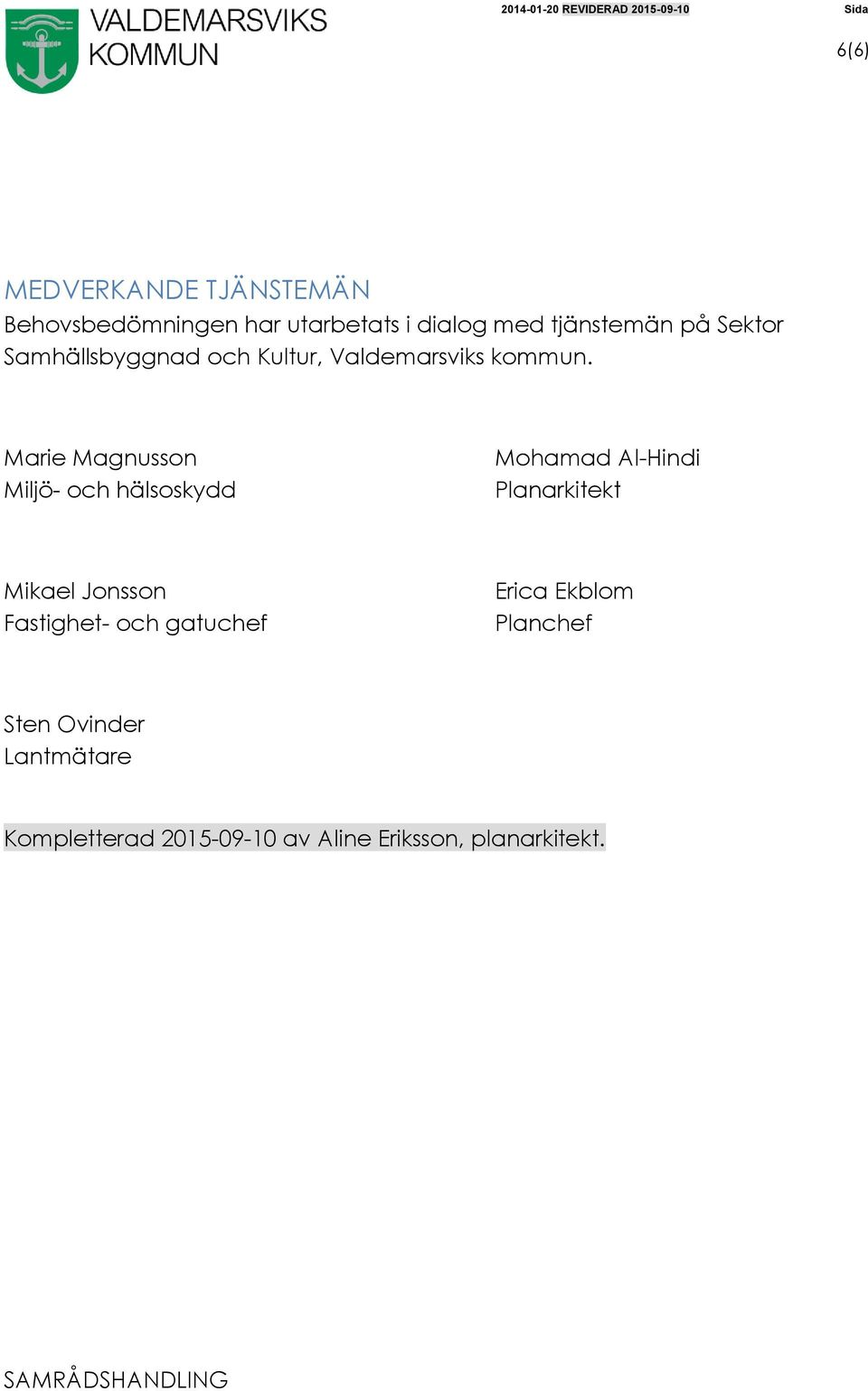 Marie Magnusson Miljö- och hälsoskydd Mohamad Al-Hindi Planarkitekt Mikael Jonsson