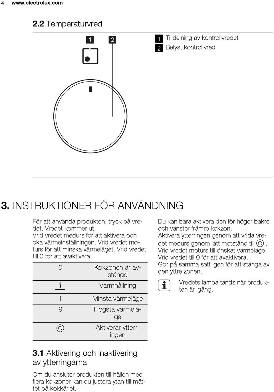 0 Kokzonen är avstängd Varmhållning 1 Minsta värmeläge 9 Högsta värmeläge Aktiverar ytterringen Du kan bara aktivera den för höger bakre och vänster främre kokzon.