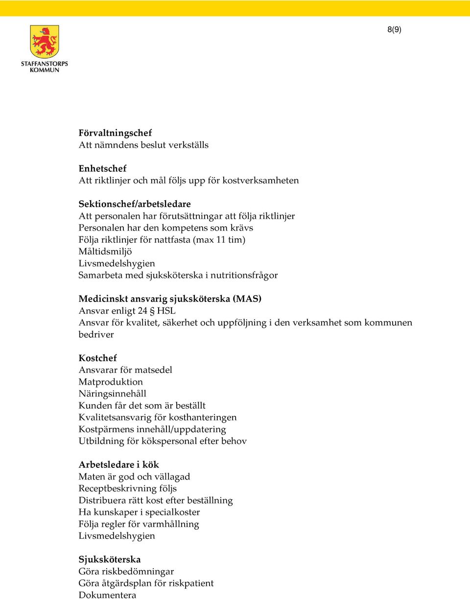 Ansvar enligt 24 HSL Ansvar för kvalitet, säkerhet och uppföljning i den verksamhet som kommunen bedriver Kostchef Ansvarar för matsedel Matproduktion Näringsinnehåll Kunden får det som är beställt