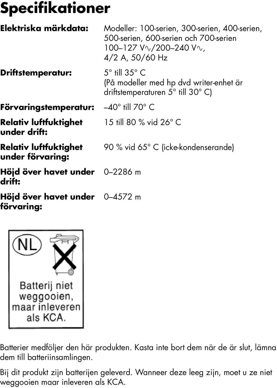 med hp dvd writer-enhet är driftstemperaturen 5 till 30 C) 40 till 70 C 15 till 80 % vid 26 C 90 % vid 65 C (icke-kondenserande) 0 2286 m 0 4572 m Batterier medföljer den här