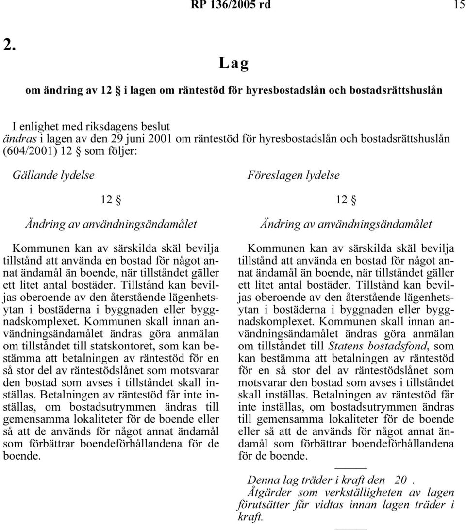 bostadsrättshuslån (604/2001) 12 som följer: Gällande lydelse Föreslagen lydelse 12 oberoende av den återstående lägenhetsytan i bostäderna i byggnaden eller byggnadskomplexet.