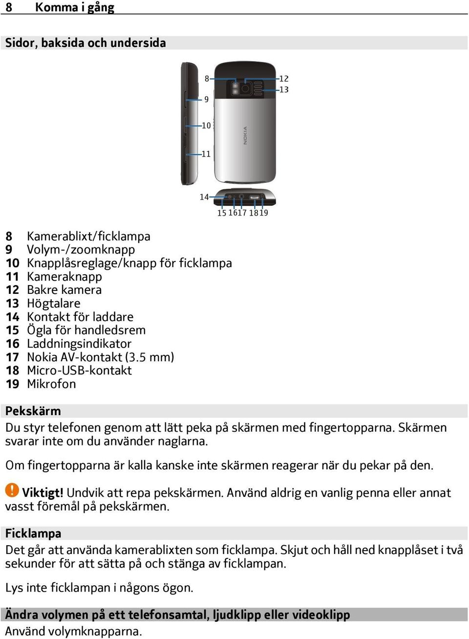 Skärmen svarar inte om du använder naglarna. Om fingertopparna är kalla kanske inte skärmen reagerar när du pekar på den. Viktigt! Undvik att repa pekskärmen.