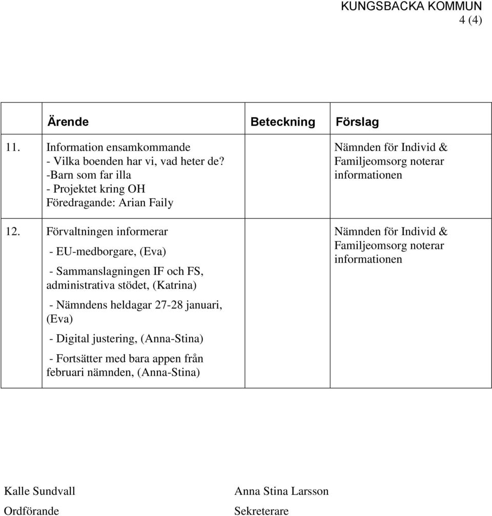 Förvaltningen informerar - EU-medborgare, (Eva) - Sammanslagningen IF och FS, administrativa stödet, (Katrina) - Nämndens heldagar 27-28