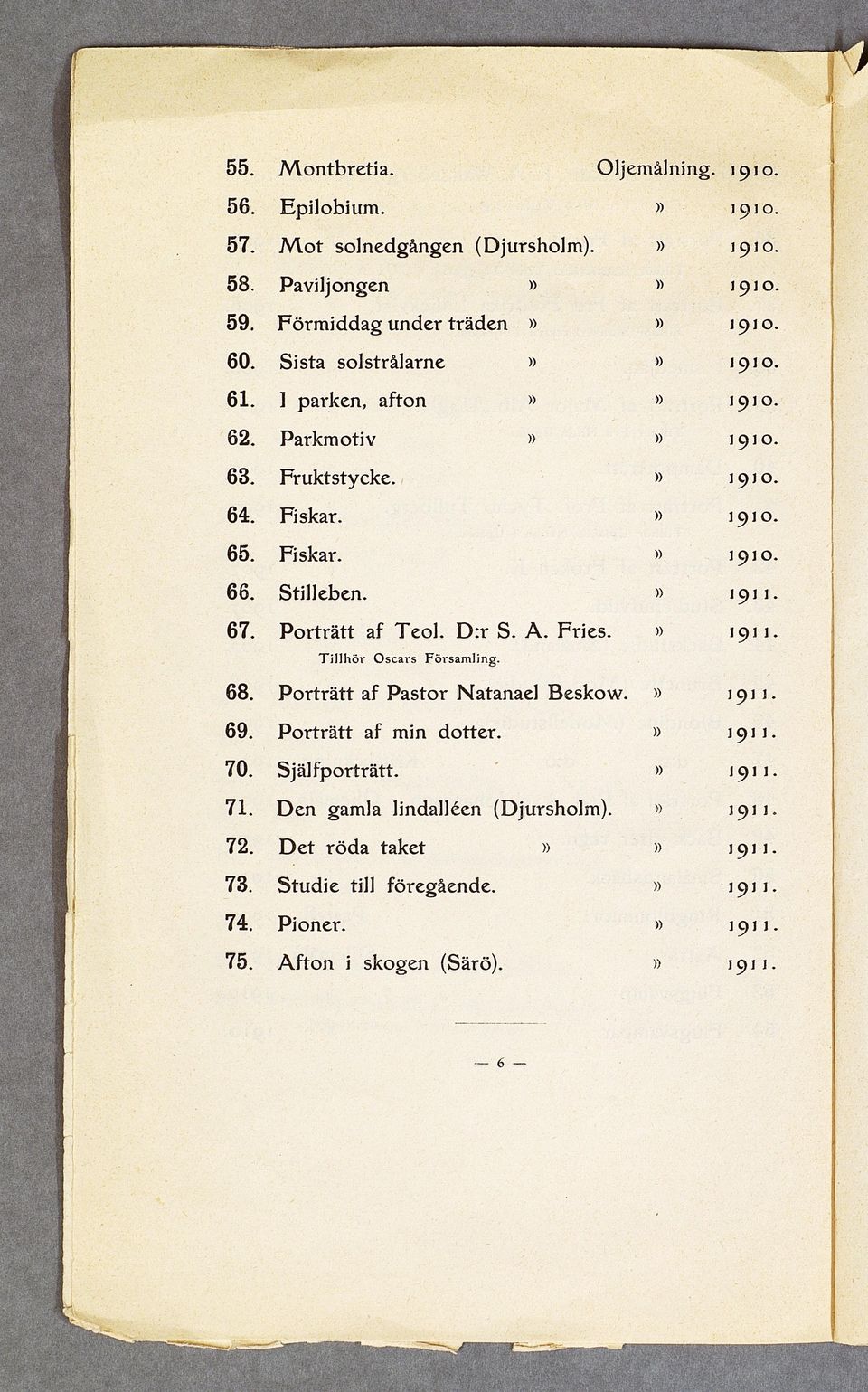 D :r S. A. Fries. T illh ö r O scars Försam ling. 68. P o rträ tt af P astor Natanael Beskow. 69. P o rträtt af min dotter. 70.