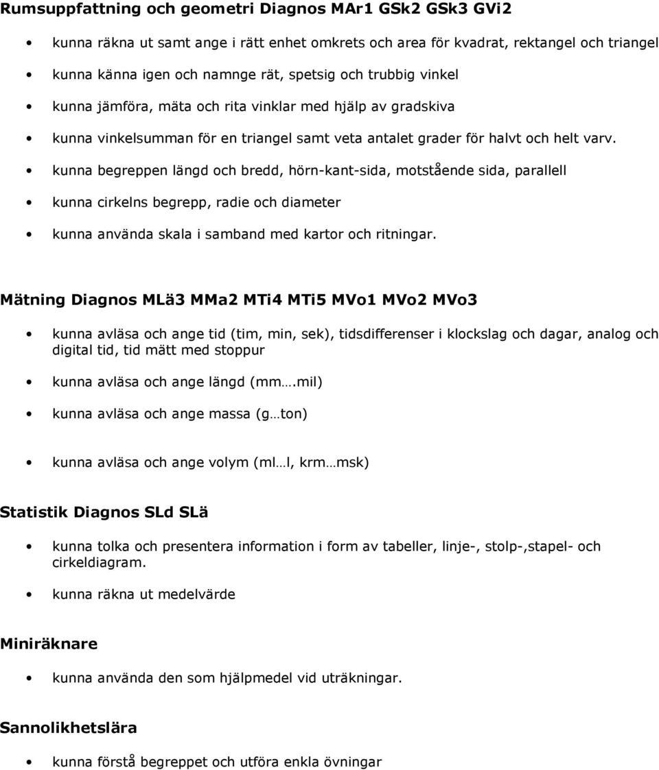 kunna begreppen längd och bredd, hörn-kant-sida, motstående sida, parallell kunna cirkelns begrepp, radie och diameter kunna använda skala i samband med kartor och ritningar.