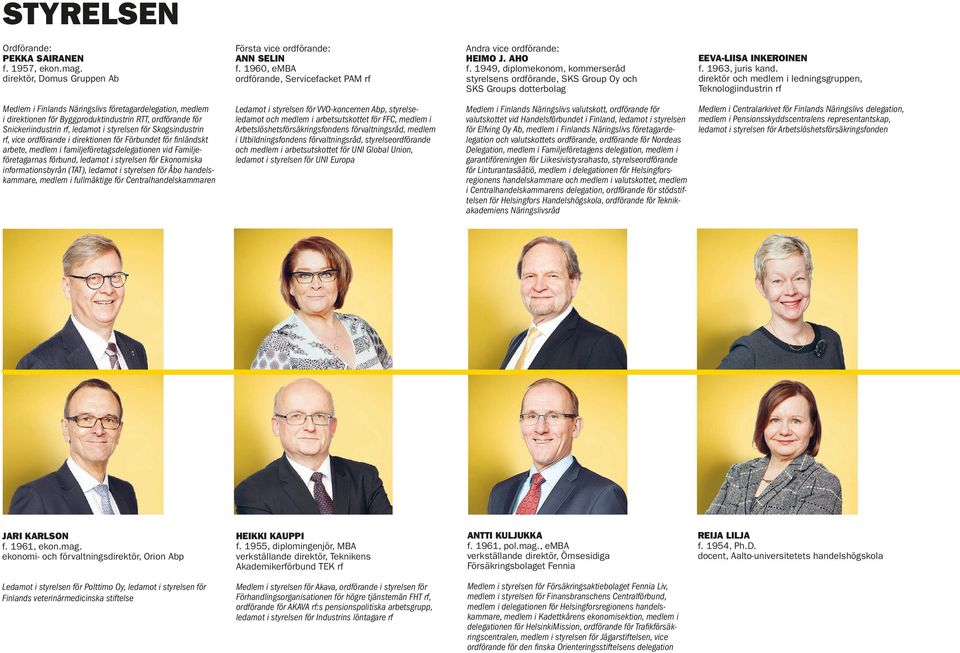 1949, diplomekonom, kommerseråd styrelsens ordförande, SKS Group Oy och SKS Groups dotterbolag Medlem i Finlands Näringslivs företagardelegation, medlem i direktionen för Byggproduktindustrin RTT,