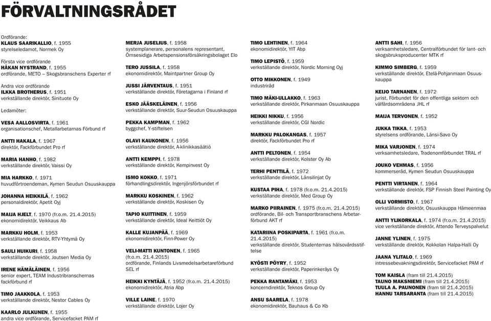 1961 organisationschef, Metallarbetarnas Förbund rf ANTTI HAKALA, f. 1967 direktör, Fackförbundet Pro rf MARIA HANHO, f. 1982 verkställande direktör, Vaissi Oy MIA HARKKO, f.