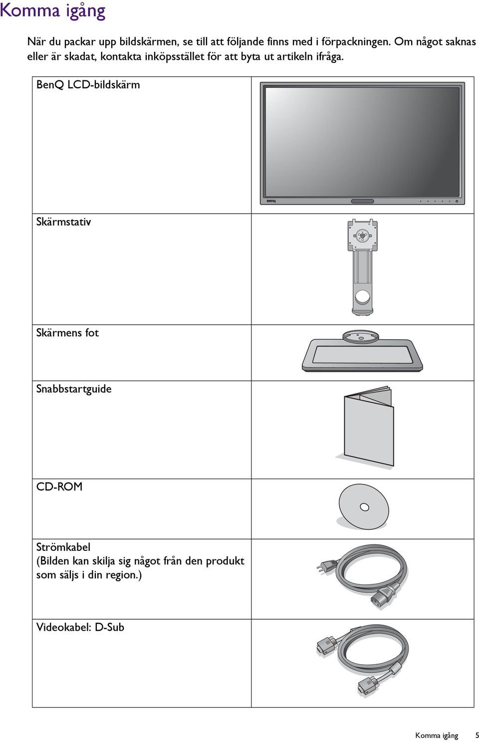 BenQ LCD-bildskärm Skärmstativ Skärmens fot Snabbstartguide CD-ROM Strömkabel (Bilden kan