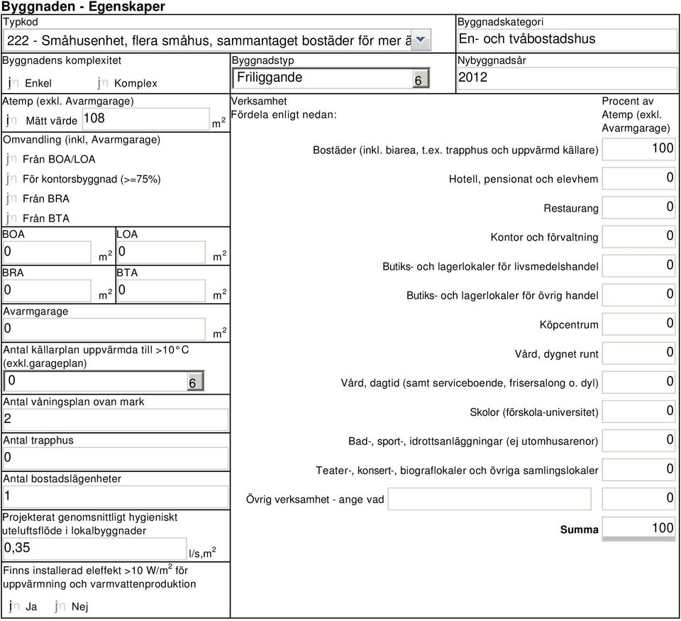 Avarmgarage) i Mätt värde 18 m 2 Omvandling (inkl, Avarmgarage) Från BOA/LOA För kontorsbyggnad (>=75%) Från BRA Från BTA BOA BRA Avarmgarage LOA m 2 m 2 BTA m 2 m 2 Antal källarplan uppvärmda till