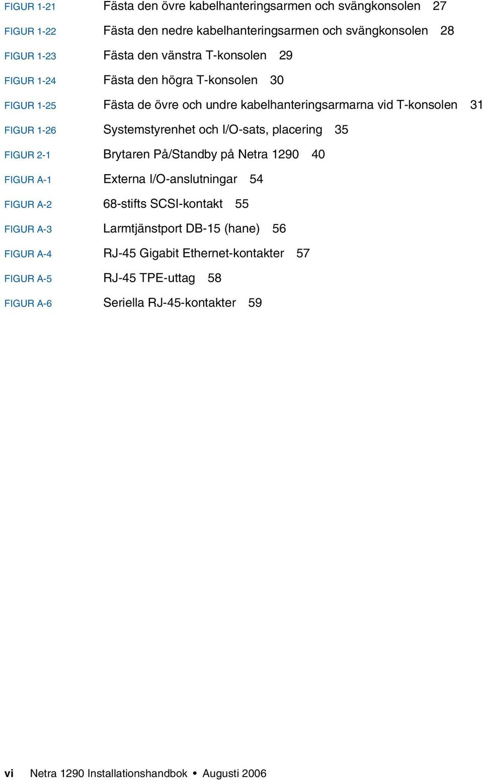 I/O-sats, placering 35 FIGUR 2-1 Brytaren På/Standby på Netra 1290 40 FIGUR A-1 Externa I/O-anslutningar 54 FIGUR A-2 68-stifts SCSI-kontakt 55 FIGUR A-3 Larmtjänstport