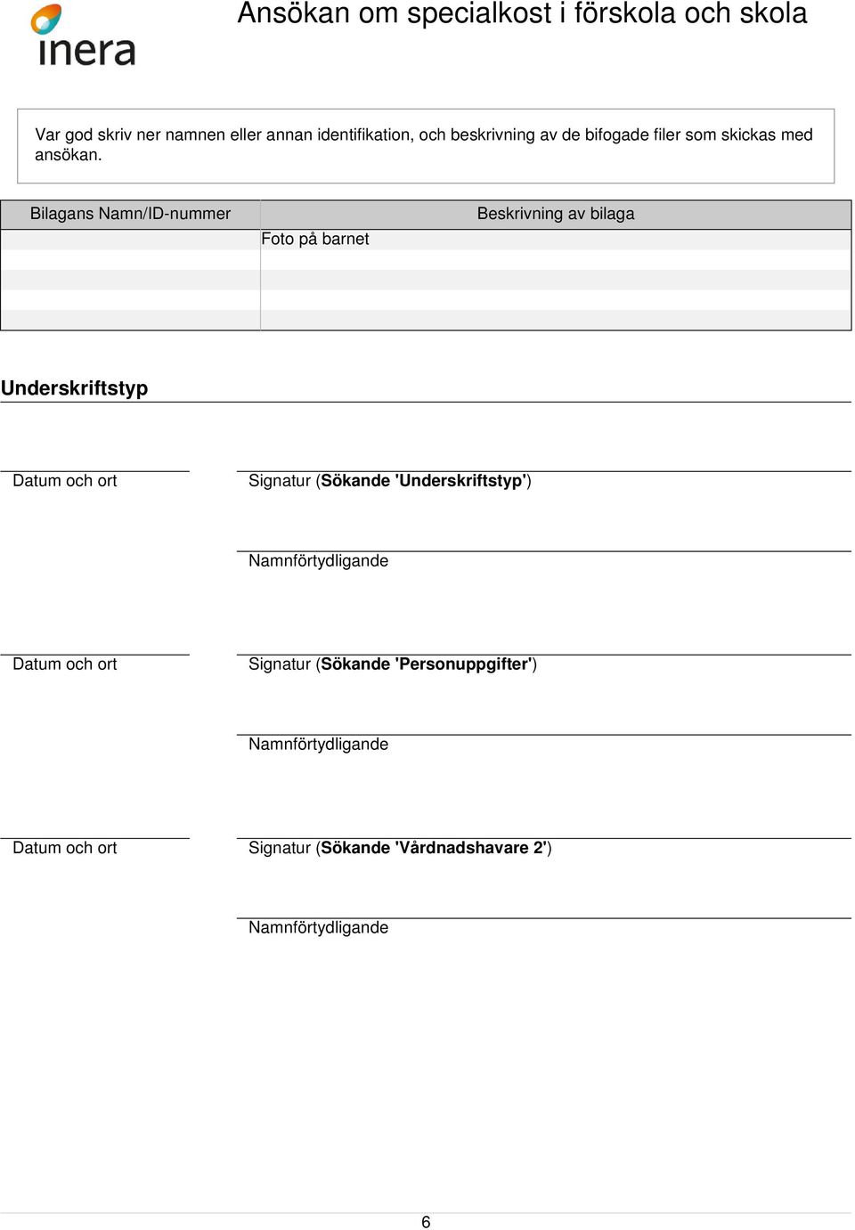 Bilagans Namn/ID-nummer Foto på barnet Beskrivning av bilaga Underskriftstyp Datum och ort Signatur