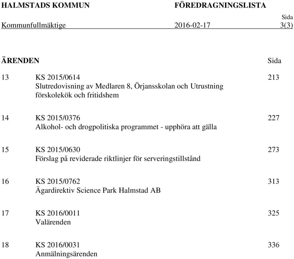 programmet - upphöra att gälla 227 15 KS 2015/0630 Förslag på reviderade riktlinjer för serveringstillstånd 273 16 KS