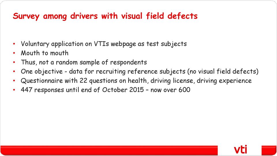 recruiting reference subjects (no visual field defects) Questionnaire with 22 questions on