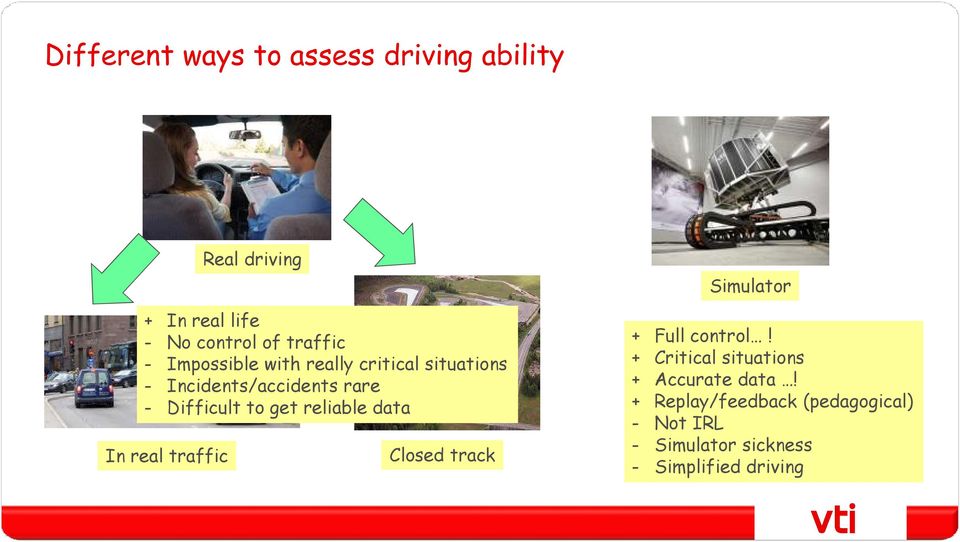 Difficult to get reliable data Closed track Simulator + Full control!