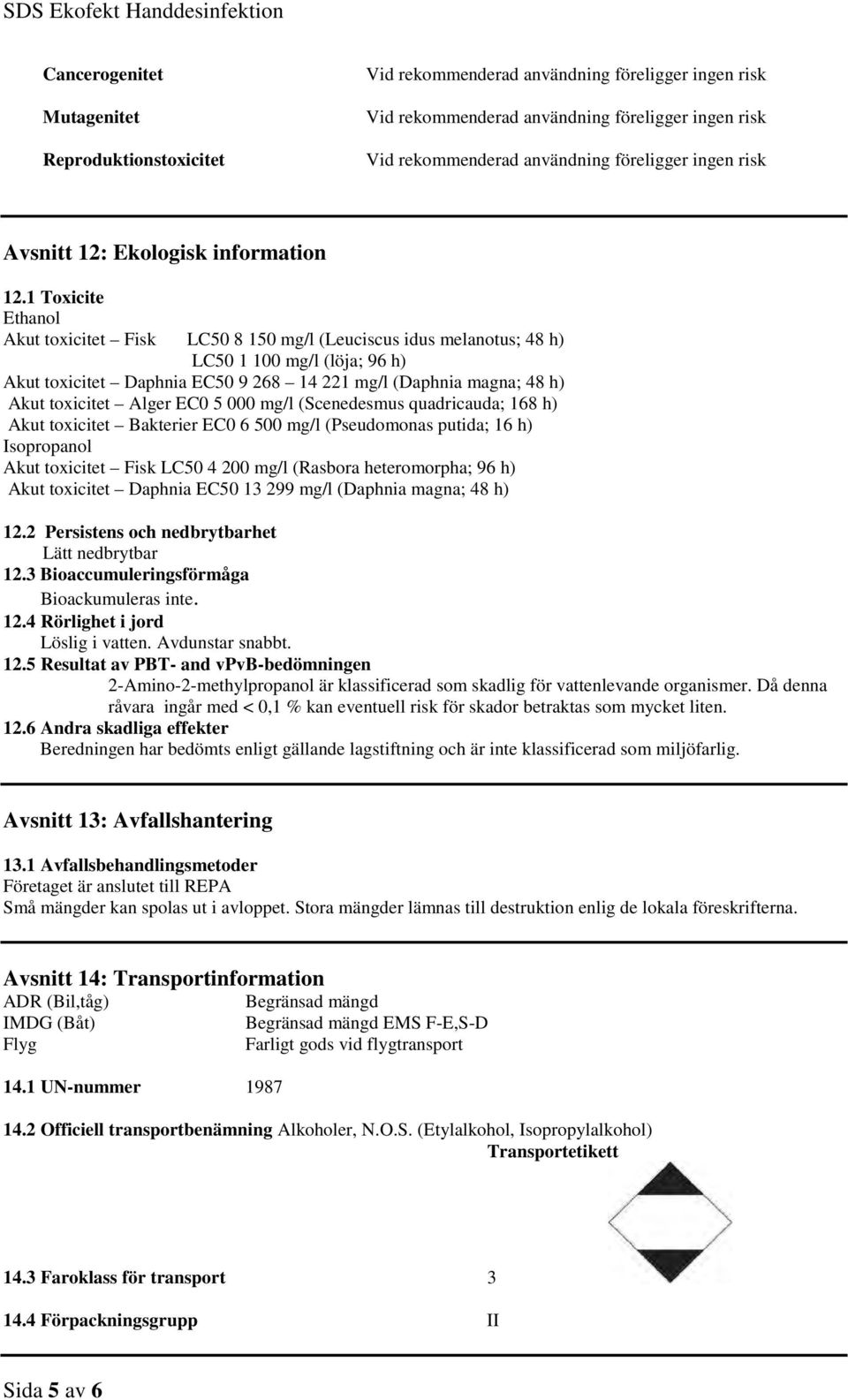 Alger EC0 5 000 mg/l (Scenedesmus quadricauda; 168 h) Akut toxicitet Bakterier EC0 6 500 mg/l (Pseudomonas putida; 16 h) Isopropanol Akut toxicitet Fisk LC50 4 200 mg/l (Rasbora heteromorpha; 96 h)