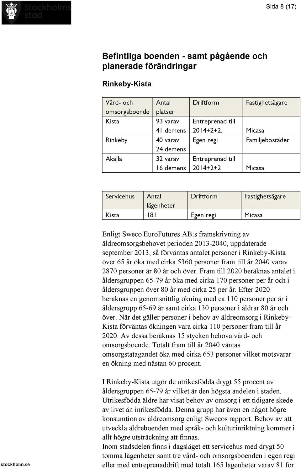 Familjebostäder Entreprenad till 2014+2+2 Servicehus Kista lägenheter 181 Enligt Sweco EuroFutures AB:s framskrivning av äldreomsorgsbehovet perioden 2013-2040, uppdaterade september 2013, så