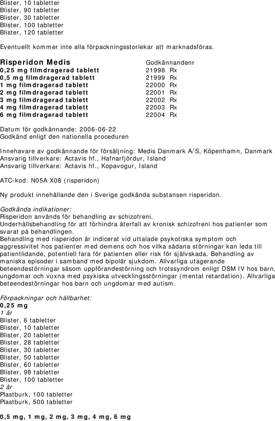 mg filmdragerad tablett 22003 Rx 6 mg filmdragerad tablett 22004 Rx Innehavare av godkännande för försäljning: Medis Danmark A/S, Köpenhamn, Danmark Ansvarig tillverkare: Actavis hf.