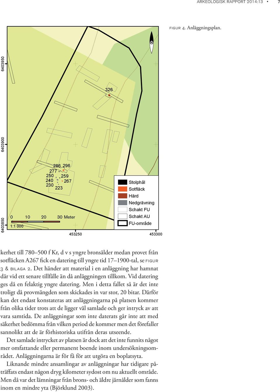 d v s yngre bronsålder medan provet från sotfläcken A267 fick en datering till yngre tid 17 1900-tal, se figur 3 & bilaga 2.