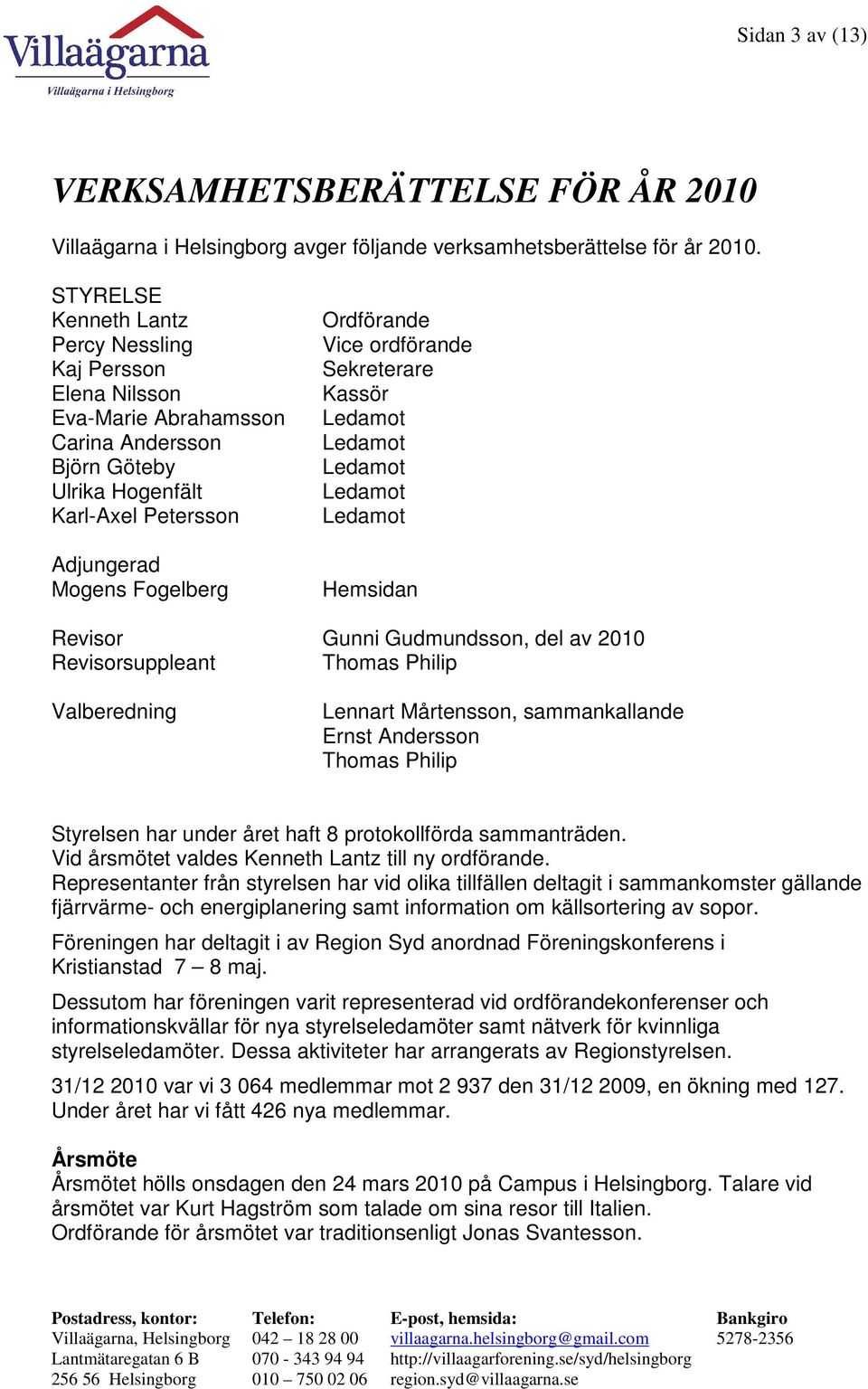 ordförande Sekreterare Kassör Hemsidan Revisor Gunni Gudmundsson, del av 2010 Revisorsuppleant Thomas Philip Valberedning Lennart Mårtensson, sammankallande Ernst Andersson Thomas Philip Styrelsen