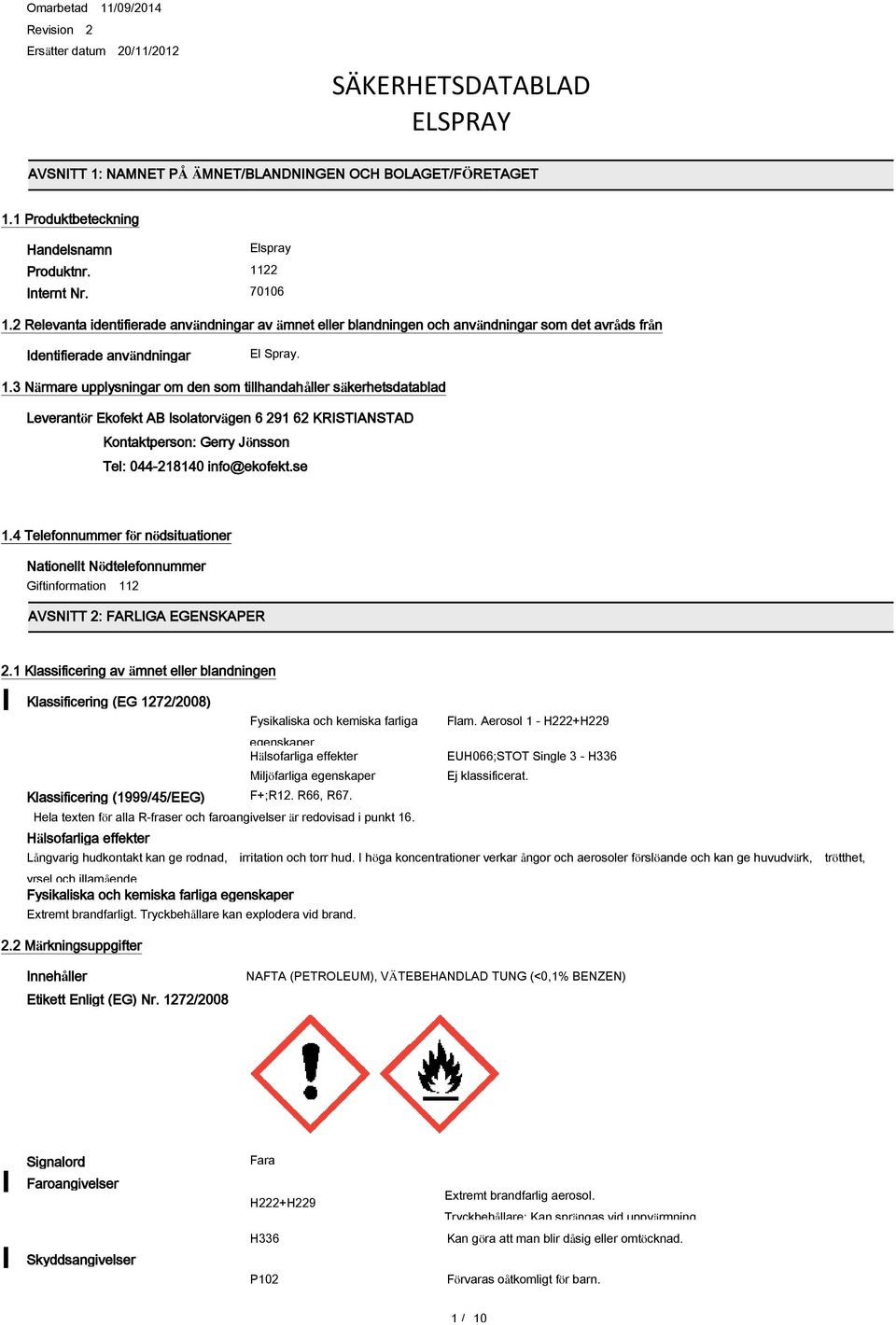 2 Relevanta identifierade användningar av ämnet eller blandningen och användningar som det avråds från Identifierade användningar El Spray. 1.