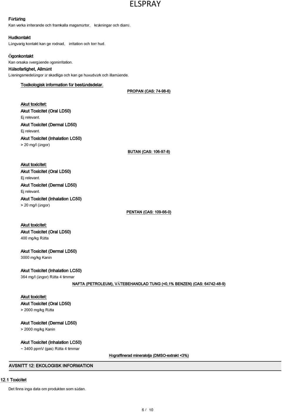 PROPAN (CAS: 74-98-6) Akut toxicitet: Akut Toxicitet (Oral LD50) Akut Toxicitet (Dermal LD50) Akut Toxicitet (Inhalation LC50) > 20 mg/l (ångor) BUTAN (CAS: 106-97-8) Akut toxicitet: Akut Toxicitet