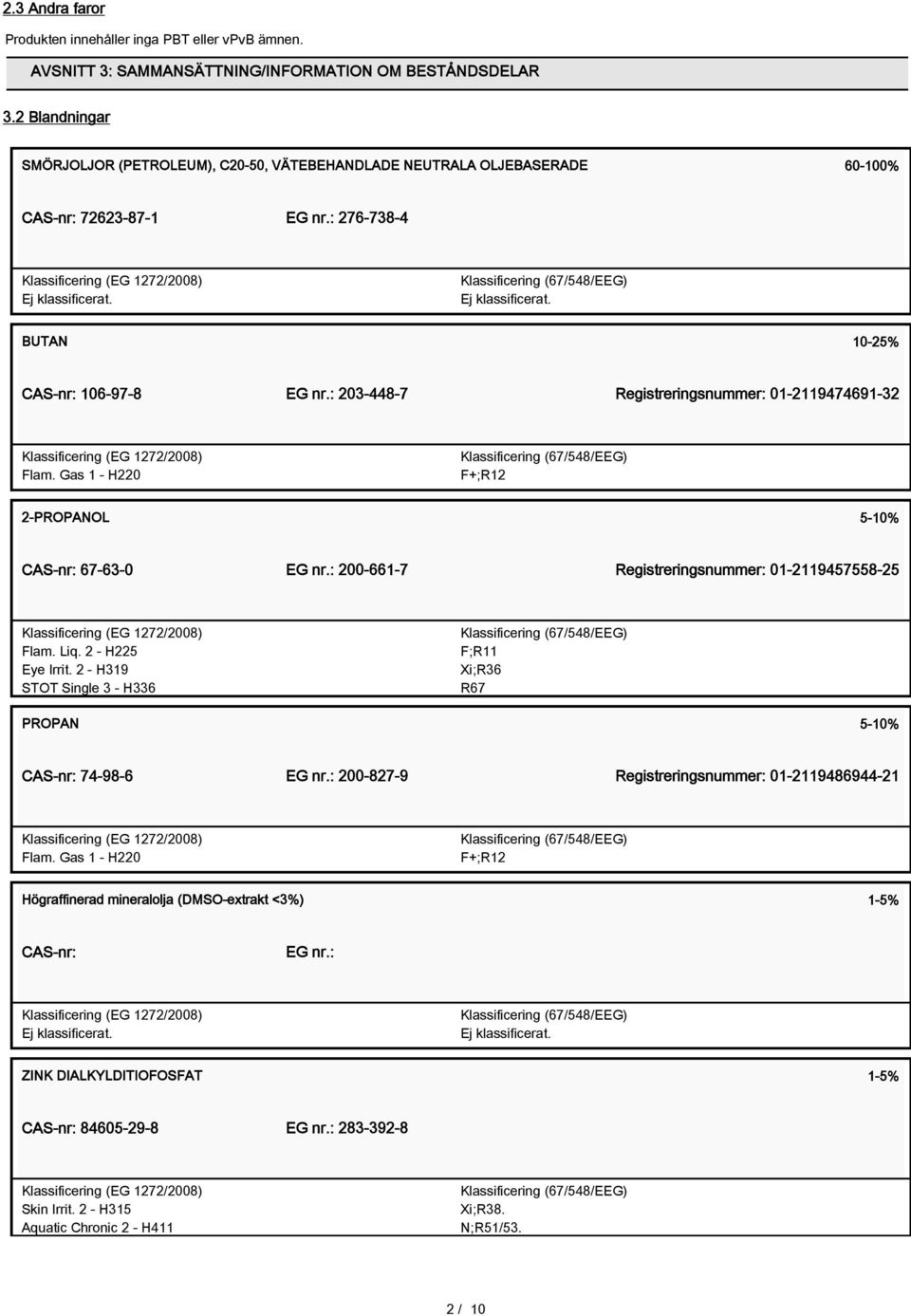 : 203-448-7 Registreringsnummer: 01-2119474691-32 Flam. Gas 1 - H220 F+;R12 2-PROPANOL 5-10% CAS-nr: 67-63-0 EG nr.: 200-661-7 Registreringsnummer: 01-2119457558-25 Flam. Liq. 2 - H225 Eye Irrit.