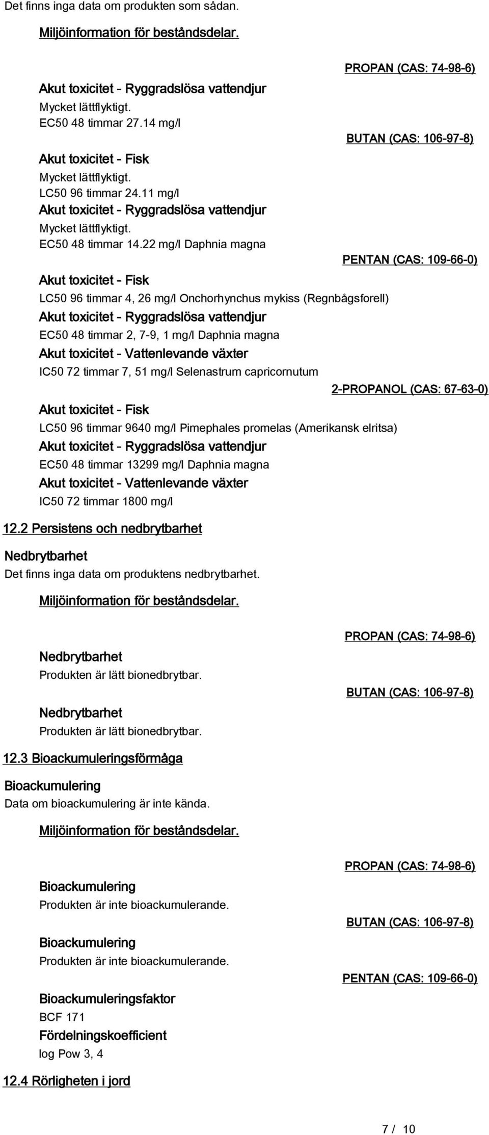 22 mg/l Daphnia magna Akut toxicitet - Fisk LC50 96 timmar 4, 26 mg/l Onchorhynchus mykiss (Regnbågsforell) Akut toxicitet - Ryggradslösa vattendjur EC50 48 timmar 2, 7-9, 1 mg/l Daphnia magna Akut