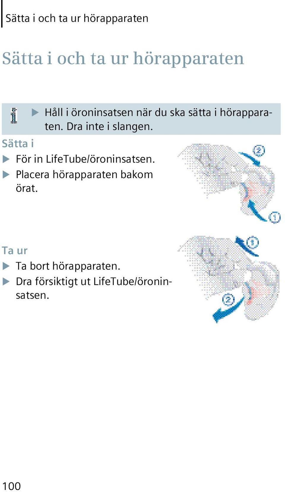 Sätta i För in LifeTube/öroninsatsen. Placera hörapparaten bakom örat.