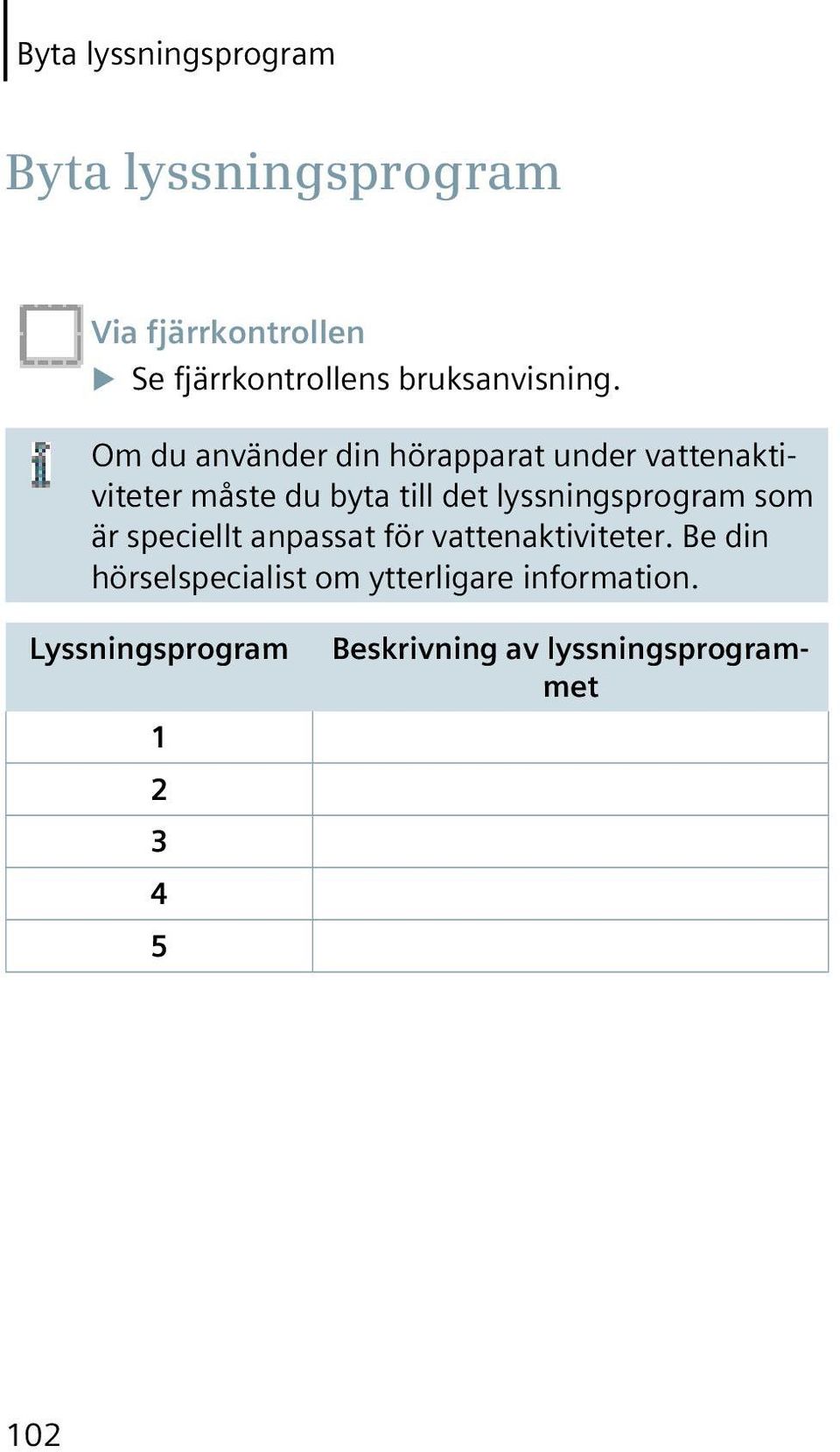 Om du använder din hörapparat under vattenaktiviteter måste du byta till det