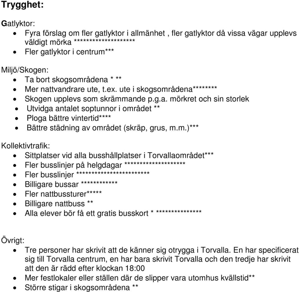 m.)*** Kollektivtrafik: Sittplatser vid alla busshållplatser i Torvallaområdet*** Fler busslinjer på helgdagar ******************** Fler busslinjer ************************ Billigare bussar